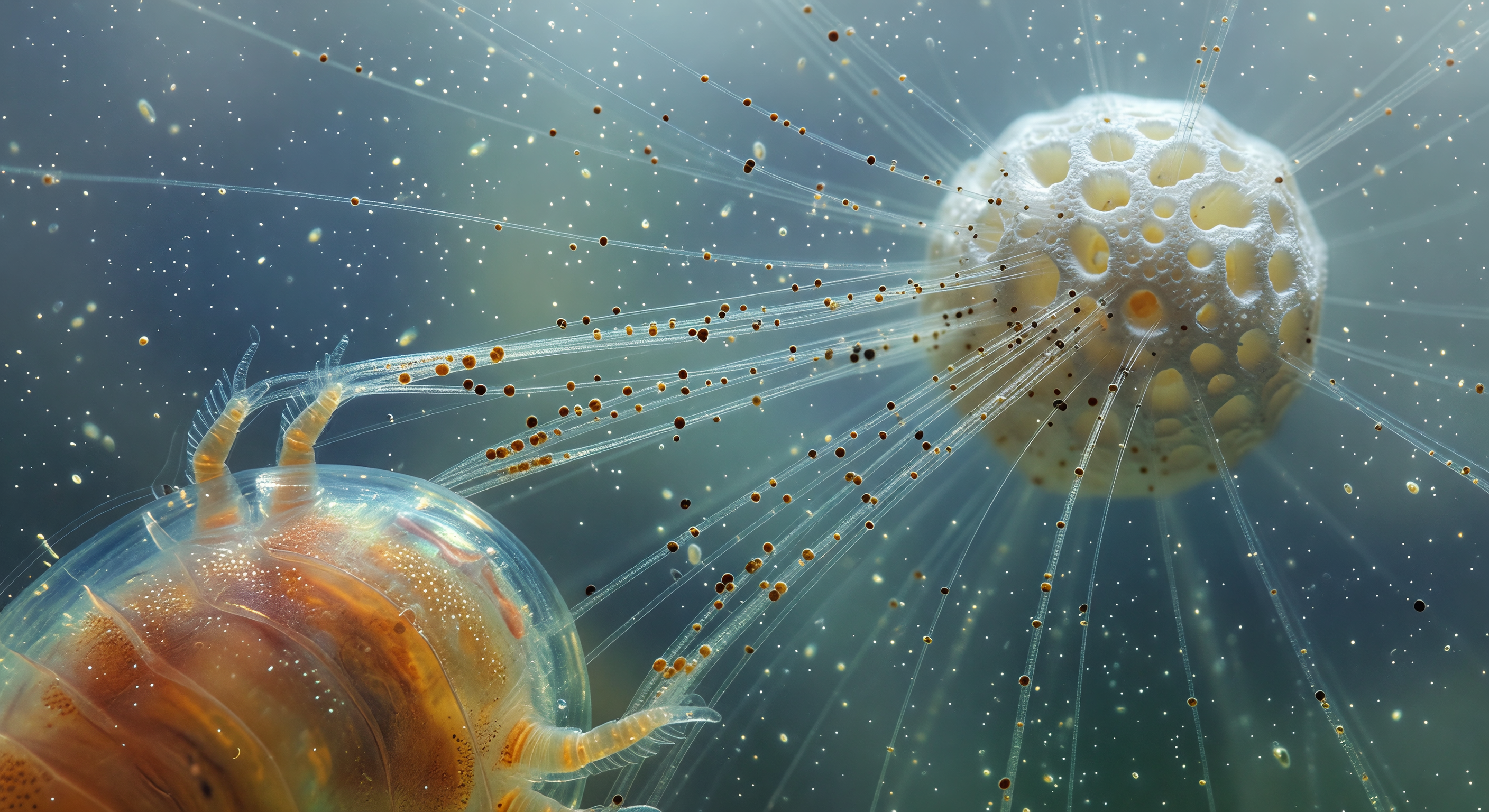 Foraminífero atrapa nauplio copépodo